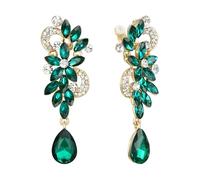 Clearine Pendientes para mujer Bohemio Boho Cristal Flor Boda Nupcial Araña Gota Bling Tornillo largo Atrás Clip-On de clip para la oreja Color esmeralda Tono dorado