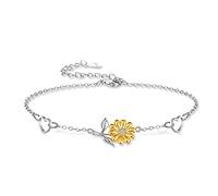 Clearine Pulsera de Mujer Girasol 925 Plata Esterlina Doble Amor Corazón Encanto Hipoalergénico Enlace Ajustable Pulsera,Color Dorado Plata-Tono