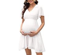 Clearlove Vestido premamá de gasa suiza con lunares y mangas cortas para verano, Blanco, S