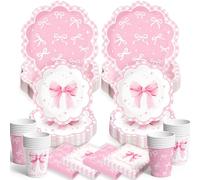 Cleboen 80pcs Rosa Platos y Vasos para Cumpleaños 20 Personas Vajilla Cumpleaños Infantil Servilletas Papel Platos Cubiertos Happy Birthday Lazo Rosa Cumpleaño Niñas y Mujeres