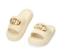 CLEIKS Chanclas Mujer Zapatillas de Tacón Cuña Antideslizantes 4.2cm Sandalias Adornadas Uso Diario Exterior Paseo Comodidad (Beige, 38 EU, WES260127-0)