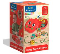 Clementoni Baby Happy Apple & Friends, Juguete de Enhebrar e Hilado Infantil Inspirado en Montessori, Caja con Forma de Manzana y 8 Personajes de Animales - 17600