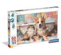 Clementoni - Bath Time Fun Supercolor Puzzle - Rompecabezas Infantil de 60 Piezas Grandes Maxi con Ilustración de Cachorro de Perro y Gatito en la Bañera, Desde 4 Años - 26321