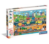 Clementoni - City Builders Supercolor Puzzle - Rompecabezas Infantil de 24 Piezas Grandes Maxi con Ilustración de Vehículos de Construcción y Camiones de Obra, Desde 3 Años - 24840