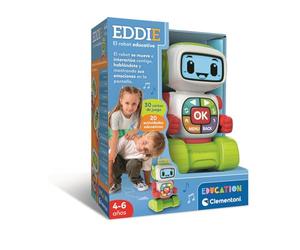 Clementoni - Eddie Robot Educativo - 30 Tarjetas Doble Cara + 20 Actividades Educativas (Letras, números, emociones, Instrumentos, Formas) con Pantalla LCD - Niños de 4 a 6años - 55617