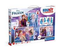 Clementoni Juego educativo Edukit 4 en 1 Frozen – Puzzles 30/48 pzas, memoria y 6 cubos, 3 años