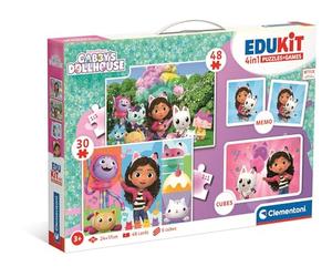 Clementoni Edukit Gabby's Dollhouse 4 en 1 - Colección de Juegos para niños preescolares a Partir de 3 años, Incluye 2 Rompecabezas, Juego de memo y Rompecabezas de Dados, (18319)