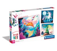 Clementoni Puzzle - Fantastic Creatures - 3 Supercolor Puzzles Infantiles De 48 Piezas, para Niños 5-7 Años, Desarrolla La Concentraciòn Mentàl Y La Logica, 25319