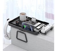 CLESOO Bandeja para reposabrazos de sofá - 5 en 1 de gran capacidad con soporte para tazas, ranura para tableta, agujeros para cables, soporte para enchufe de extensión y ganchos, para diferentes