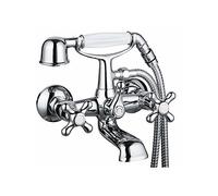 Clever Grifo de baño ducha bimando mural, 2 salidas de agua, incluye teléfono, flexo y soporte a pared