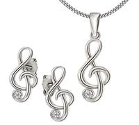 CLEVER SCHMUCK - Conjunto de joyas infantil (con circonita, colgante, pendientes, cadena Panzer de 40 cm, plata 925), diseño de clave de sol pequeña, color plateado