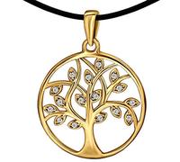 CLEVER SCHMUCK Set de árbol de la vida dorado para mujer, colgante de árbol de la vida, diámetro de 20 mm, muchas circonitas como hojas ovaladas y banda de caucho de 45 cm, plata 925 brillante chapada