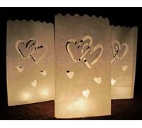 CleverDelights Bolsas luminarias blancas - 30 unidades - Diseño de corazones entrelazados - Decoración de bodas, recepciones, fiestas y eventos - Papel resistente al fuego - Luminaria