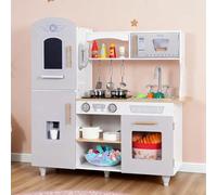 Clevich Cocinita de Madera Infantil, Cocina de Juguete con Sonidos y Luces realistas, e una múltiples Accesorios, 5 PCS Piedes, Juguete Educativo Grande para +3 Años (Gris y Blanco)