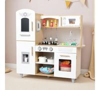 Clevich Cocinita de Madera Infantil, Cocina de Juguete con Sonidos y Luces realistas, e una múltiples Accesorios, 5 PCS Piedes, Juguete Educativo Grande para +3 Años (Madera y Blanco)