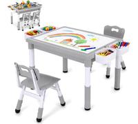 Clevich Conjunto de asientos infantiles con gran espacio de almacenamiento, mesa de actividades regulable en altura, mesa reversible para graffiti y ladrillos, 4 cajas laterales, escritorio para casa