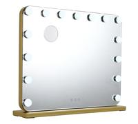 Clevich Hollywood Espejo Maquillaje con Luz 58 x 46 cm, 15 Bombillas LED, Dimmables 3 Colores de Luz, con Espejo de Aumento 10X, Puerto USB, Dorado