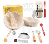 Clheatky Cesta de Fermentación para Pan Ovalado & Redonda, 12 Piezas Kit Completo de Panadero, Banetones de Caña Natural, Cesta para Pan de Masa Madre para Principiantes y Experimentados