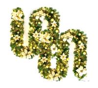 clhjinruoliu Christmas Garland with Lights, 9ft Christmas Door Garland Decorations, Green Artificial Greenery Garland for Table, Mantle, Wall, Indoor, Outdoor Xmas LED Lights Decor,Oro,2PCS