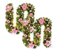 clhjinruoliu Christmas Garland with Lights, 9ft Christmas Door Garland Decorations, Green Artificial Greenery Garland for Table, Mantle, Wall, Indoor, Outdoor Xmas LED Lights Decor,Rosado,2PCS