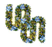 clhjinruoliu Christmas Garland with Lights, 9ft Christmas Door Garland Decorations, Green Artificial Greenery Garland for Table, Mantle, Wall, Indoor, Outdoor Xmas LED Lights Decor,Azul,2PCS