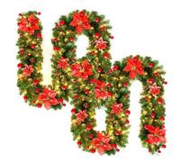 clhjinruoliu Christmas Garland with Lights, 9ft Christmas Door Garland Decorations, Green Artificial Greenery Garland for Table, Mantle, Wall, Indoor, Outdoor Xmas LED Lights Decor,Rojo,2PCS