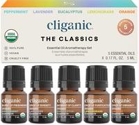 Cliganic Juego de aceites esenciales orgánicos (Top 5) - 100% puro natural - aromaterapia, fabricación de velas, menta, lavanda, eucalipto, hierba de limón y naranja