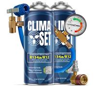 ClimaSet - 2 recargas de gas sustituto r134a para aire acondicionado, manguera y adaptador HP/LP - Kit de Recarga de Gas para Aire Acondicionado para Automóviles - 340 g
