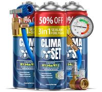 ClimaSet - 3 x 3 en 1: gas r134a para recarga de aire acondicionado, aceite, sellador de fugas XL, 1 manguera y 1 adaptador - Kit de Recarga de Gas para Aire Acondicionado para Automóviles - 705 g