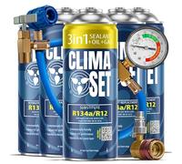 CLIMASET - 3en1: Gas de Recarga para Aire Acondicionado sustituto R134a, Aceite, Sellador de Fugas Y 4x Gas sustituto R134a, Manguera Y Adaptador LP/HP - Kit de Recarga de Gas para Aire Acondicionado