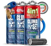 CLIMASET - 4en1 Gas de Recarga para Aire Acondicionado R134a, Aceite, Sellador de Fugas con Tinte UV + 2x R134a + Manguera + Linterna UV - Kit de Recarga de Gas para Aire Acondicionado