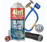 CLIMASET - Full KIT AC R134a 4in1, Gas de sustitución, Para coches 1994-2016 - Solución de aire acondicionado, Juego completo - Sellador, Colorante UV, Refrigerante - con Cable, Adaptador y Lámpara UV