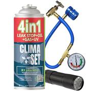 CLIMASET - Full KIT AC R134a 4in1, Gas de sustitución, Para coches 1994-2016 - Solución de aire acondicionado - Juego completo - Sellador, Colorante UV, Refrigerante - con Cable y Lámpara UV