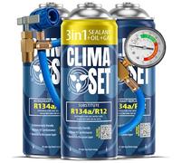ClimaSet - Gas de recarga para aire acondicionado 3 en 1 r134a, aceite, sellador de fugas y 2 x gas R134a y manguera - Kit de Recarga de Gas para Aire Acondicionado para Automóviles - 510 g