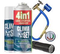 CLIMASET - KIT COMPLETO AC R134a 4en1, Gas de Recambio, Para coches 1994-2016 - Solución de aire acondicionado, Set completo - Sellador, Colorante UV, Refrigerante -con Cable, Refrescante y Lámpara UV