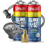 CLIMASET - Kit de recarga de aire acondicionado para coche - 2x 3en1 R1234yf + manguera + adaptador YF - Para vehículos fabricados después de 2016, con una manguera moderna