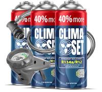 CLIMASET - Kit de Recarga de Aire Acondicionado para Coche - 3 Cartuchos de Gas y Aceite sustituto R134a + Manguera - para vehículos de 1994 a 2016, Manguera Moderna y fácil de Usar, manómetro