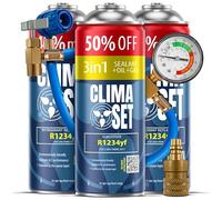ClimaSet Recambio gas R1234yf - 2x235 g - Kit recarga aire acondicionado coche + R1234yf 3in1-1x 235 g - con manguera y adaptador manometro - Gas aire acondicionado coche - ECO