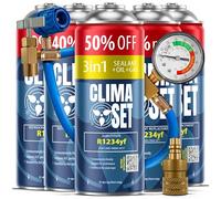ClimaSet Recambio gas R1234yf - 4x235 g - Kit recarga aire acondicionado coche + R1234yf 3in1-1x 235 g - con manguera y adaptador manometro - Gas aire acondicionado coche - ECO