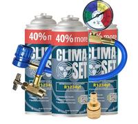 ClimaSet Recambio gas R1234yf con manguera y adaptador manometro - Kit recarga aire acondicionado coche 3x235 g - Sustituto del refrigerante - Gas aire acondicionado coche - ECO