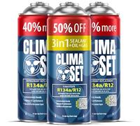 ClimaSet Recambio gas R134a R12-2x235 g - Kit recarga aire acondicionado coche + R134a 3in1-1x 235 g - Sustituto del refrigerante R134a - Gas aire acondicionado coche - ECO