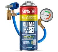 ClimaSet Recambio gas R134a R12 3in1 con manguera - manometro - Kit recarga aire acondicionado coche 1x235 g - Sustituto del refrigerante - Gas aire acondicionado coche - ECO