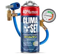 ClimaSet Recambio gas R134a R12 con manguera - manometro - Kit recarga aire acondicionado coche 1x235 g - Sustituto del refrigerante R134a - Gas aire acondicionado coche - ECO
