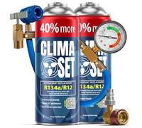 ClimaSet Recambio gas R134a R12 con manguera y adaptador - manometro - Kit recarga aire acondicionado coche 2x235 g - Sustituto del refrigerante - Gas aire acondicionado coche - ECO
