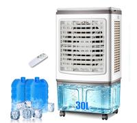 Climatizador Evaporativo 30L, Ventilador de Agua con Mando a Distancia y Acumuladores de Hielo, Potente Flujo de Aire, Enfriador Evaporativo Portátil para Grandes Espacios, Salón y Garaje