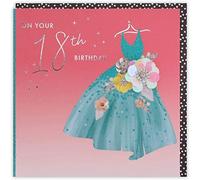 Clintons: Tarjeta de felicitación de cumpleaños con diseño de vestido de color verde azulado con flor brillante, 11 x 15 cm