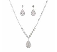 Cliory Juego de collar y aretes de boda para novia, collar de lágrima de plata, collar de cristal para novia, juego de collar y aretes de novia de moda para novias y mujeres