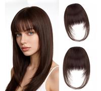 Clip en Bangs, longitud media de Wispy Fringe Clip en el pelo con templos de una pieza, extensiones de pelo falso ordenadas para mujeres diarias (marrón oscuro)