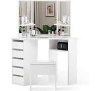 CLIPOP Blanco Tocador Mesa de Maquillaje Rectangular con 3 Espejo y Taburete Acolchado,5 Cajones Almacenaje Tallada, tocador para Dormitorio