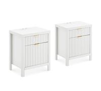 CLIPOP Juego de 2 mesitas de noche con base de carga, mesitas de noche con 2 cajones, mesita de noche estriada, mesa auxiliar de madera para dormitorio, salón, armario de almacenamiento moderno, color